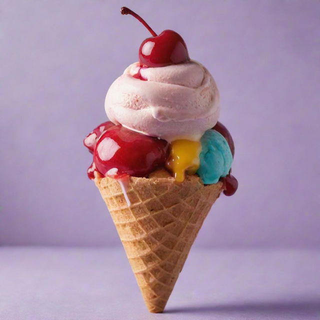 A lavishly decadent ice cream dripping from a cone, painted with vibrant colors, topped with a luscious cherry.