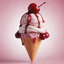 A lavishly decadent ice cream dripping from a cone, painted with vibrant colors, topped with a luscious cherry.