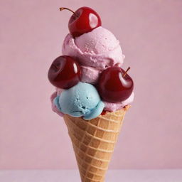 A lavishly decadent ice cream dripping from a cone, painted with vibrant colors, topped with a luscious cherry.