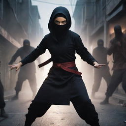 A confident Muslim girl in a ninja attire bravely combating a horde of menacing zombies in a dimly lit street.