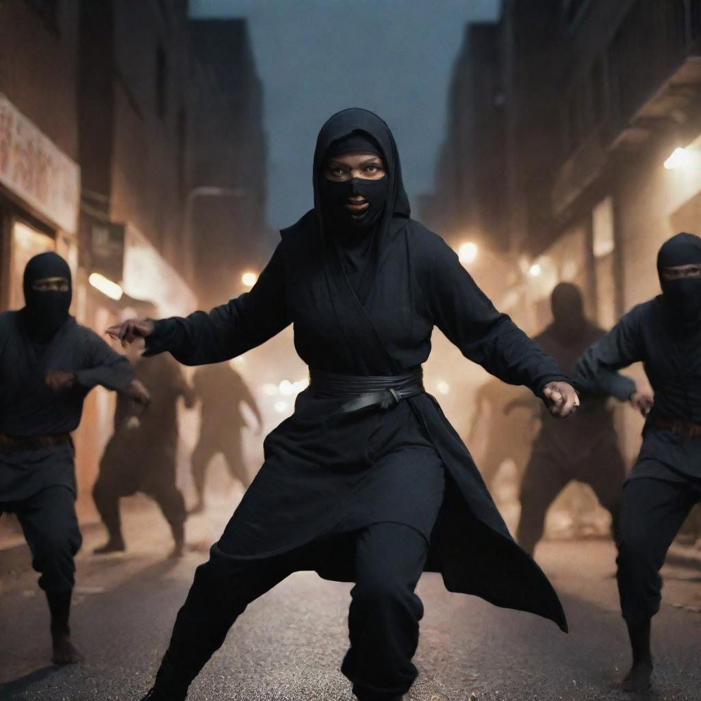 A confident Muslim girl in a ninja attire bravely combating a horde of menacing zombies in a dimly lit street.