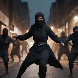 A confident Muslim girl in a ninja attire bravely combating a horde of menacing zombies in a dimly lit street.