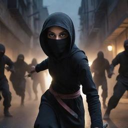 A confident Muslim girl in a ninja attire bravely combating a horde of menacing zombies in a dimly lit street.