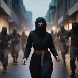 A confident Muslim girl in a ninja attire bravely combating a horde of menacing zombies in a dimly lit street.