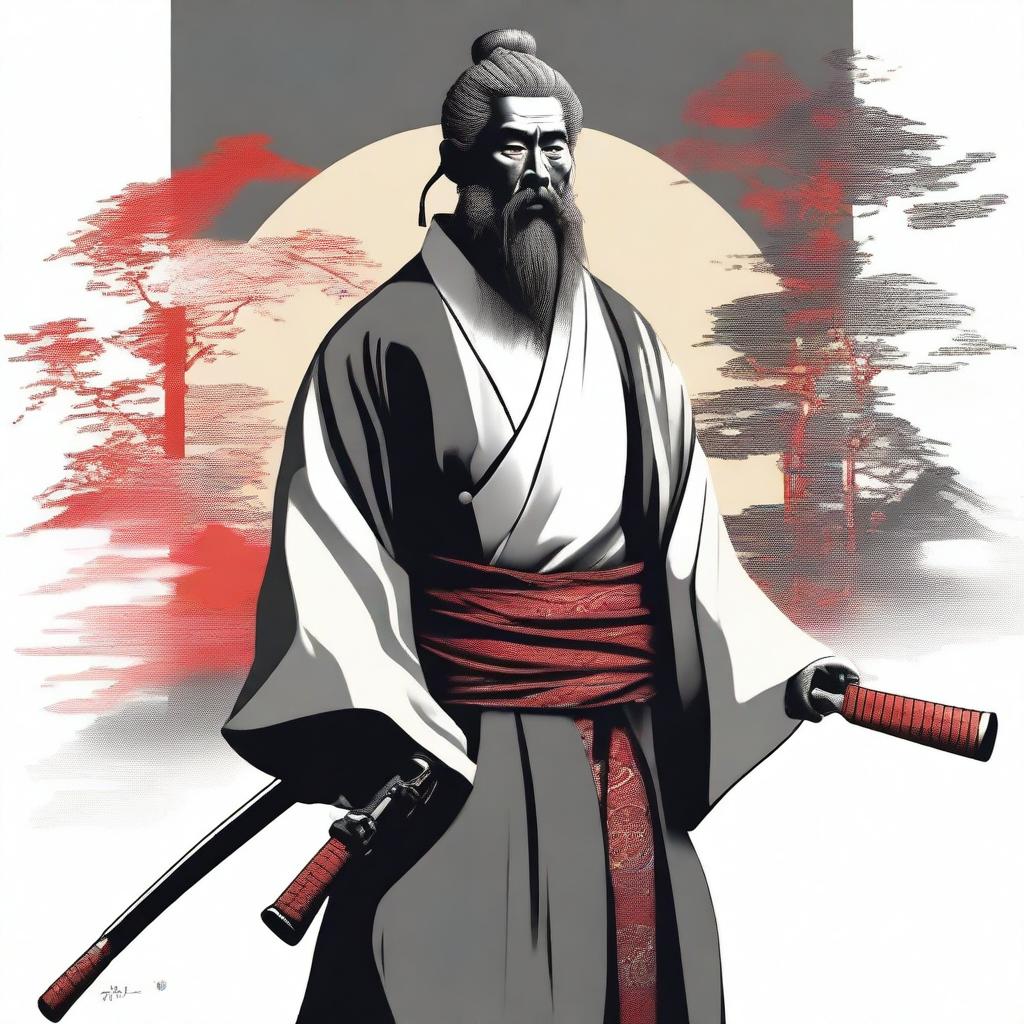This digital artwork portrays a bearded Shinto priest, clad in traditional attire, carrying a double-barrel shotgun