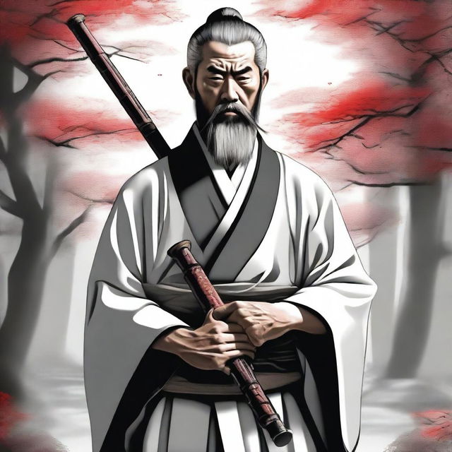 This digital artwork portrays a bearded Shinto priest, clad in traditional attire, carrying a double-barrel shotgun