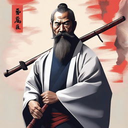 This digital artwork portrays a bearded Shinto priest, clad in traditional attire, carrying a double-barrel shotgun