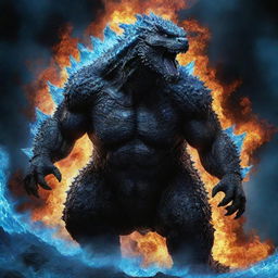 A fearsome Godzilla, appearing dangerous, set against an intense blue fire background