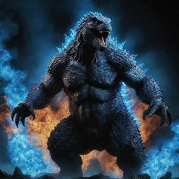 A fearsome Godzilla, appearing dangerous, set against an intense blue fire background