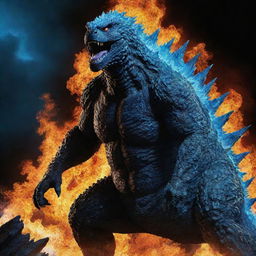 A fearsome Godzilla, appearing dangerous, set against an intense blue fire background