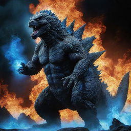 A fearsome Godzilla, appearing dangerous, set against an intense blue fire background