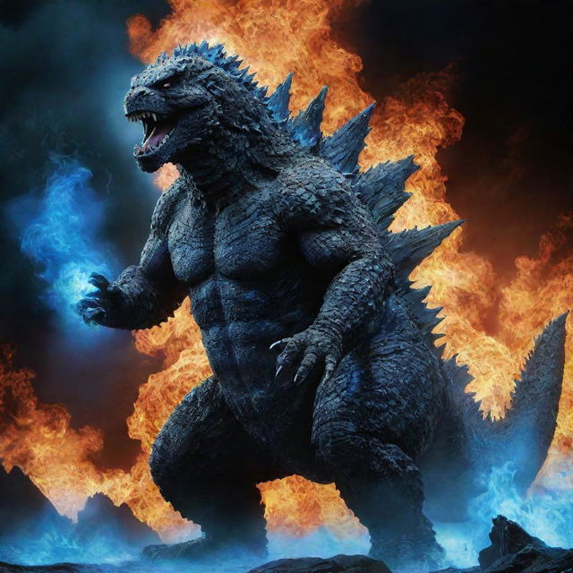 A fearsome Godzilla, appearing dangerous, set against an intense blue fire background