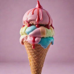 A lavishly decadent ice cream dripping from a cone, painted with vibrant colors, without any cherries.