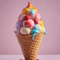 A lavishly decadent ice cream dripping from a cone, painted with vibrant colors, without any cherries.