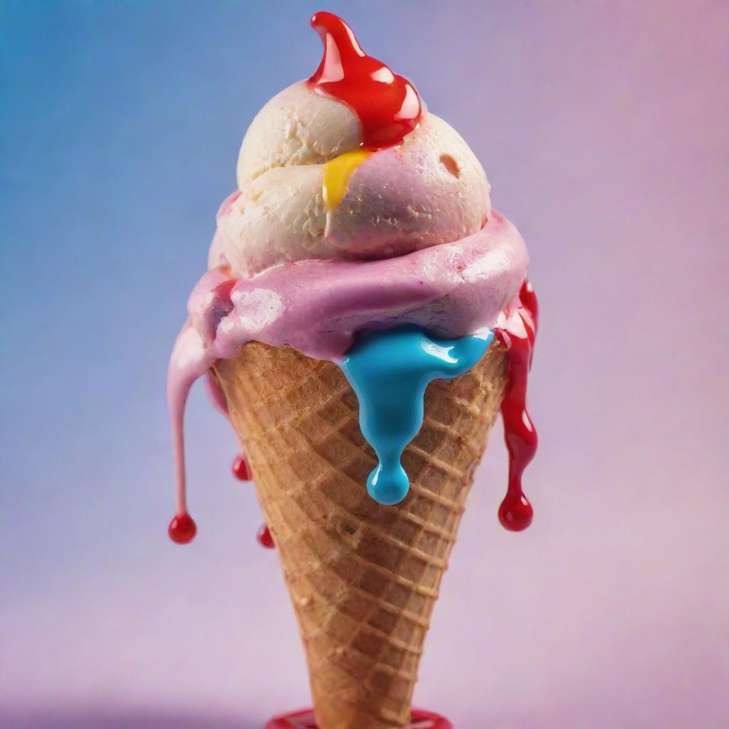 A lavishly decadent ice cream dripping from a cone, painted with vibrant colors, without any cherries.