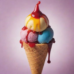 A lavishly decadent ice cream dripping from a cone, painted with vibrant colors, without any cherries.