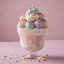 An indulgent sundae in a mix of delightful pastel colors, generously dusted with vibrant, multicolored sprinkles.