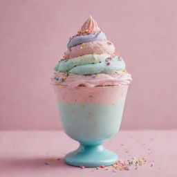 An indulgent sundae in a mix of delightful pastel colors, generously dusted with vibrant, multicolored sprinkles.