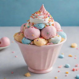 An indulgent sundae in a mix of delightful pastel colors, generously dusted with vibrant, multicolored sprinkles.