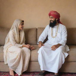 A young Muslim Khan caste girl dressed in traditional Pakhtoon suit sitting on a sofa, engaged in a friendly conversation with a Punjabi guy.