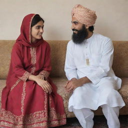 A young Muslim Khan caste girl dressed in traditional Pakhtoon suit sitting on a sofa, engaged in a friendly conversation with a Punjabi guy.