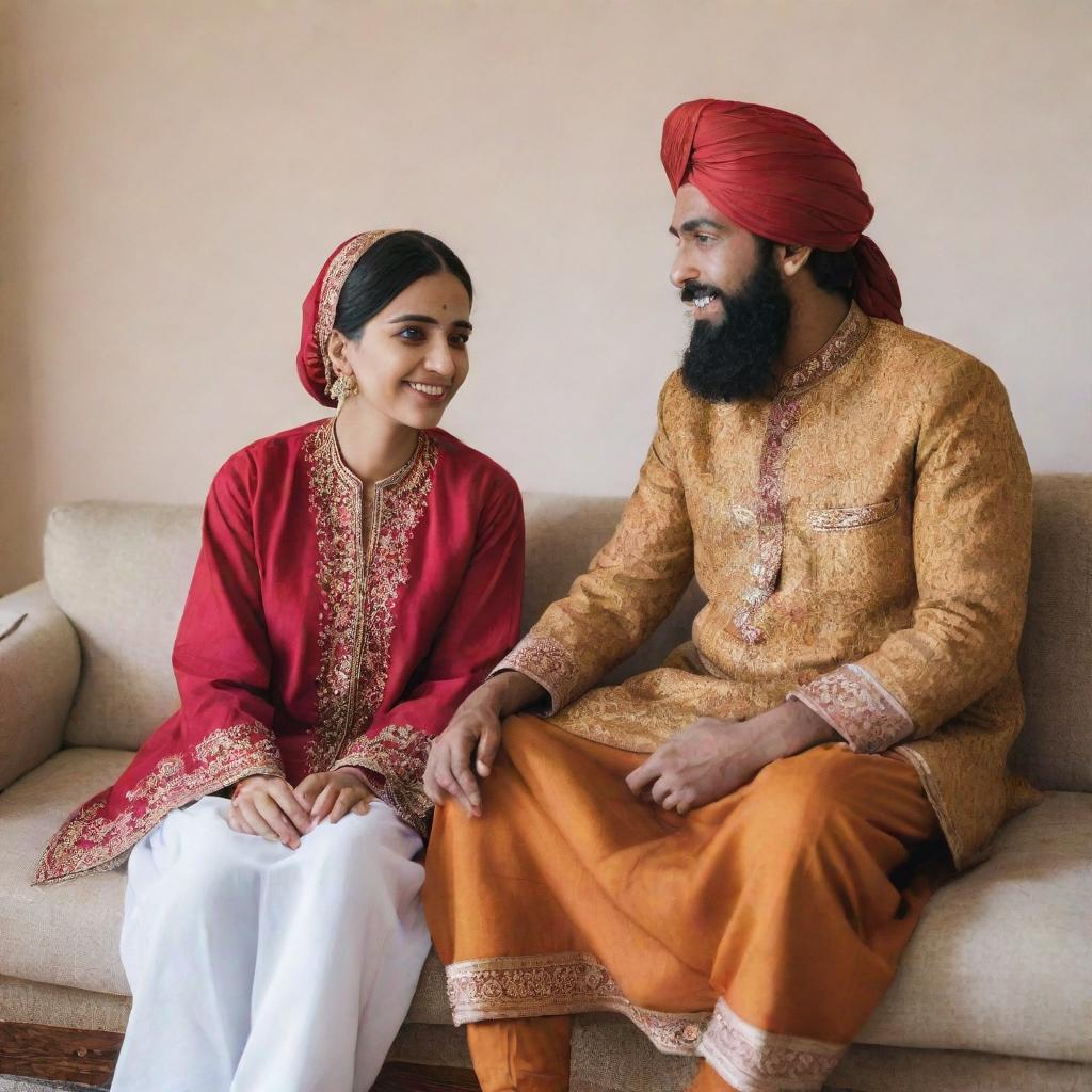 A young Muslim Khan caste girl dressed in traditional Pakhtoon suit sitting on a sofa, engaged in a friendly conversation with a Punjabi guy.