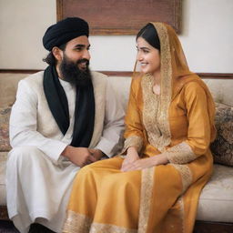 A young Muslim Khan caste girl dressed in traditional Pakhtoon suit sitting on a sofa, engaged in a friendly conversation with a Punjabi guy.