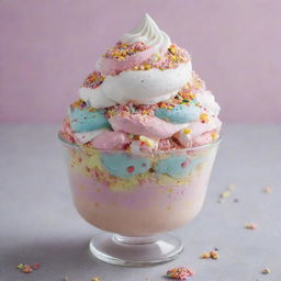 An exceptionally delicious and indulgent sundae in a mix of delightful pastel colors, generously dusted with vibrant, multicolored sprinkles.