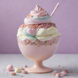 An exceptionally delicious and indulgent sundae in a mix of delightful pastel colors, generously dusted with vibrant, multicolored sprinkles.