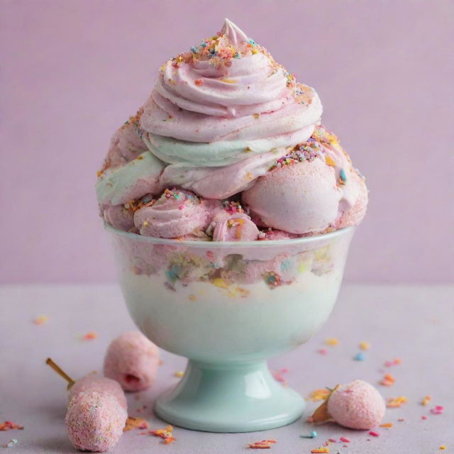 An exceptionally delicious and indulgent sundae in a mix of delightful pastel colors, generously dusted with vibrant, multicolored sprinkles.