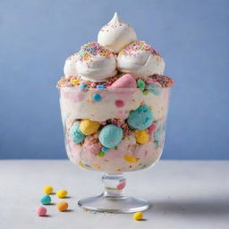 An exceptionally delicious and indulgent sundae in a mix of delightful pastel colors, generously dusted with vibrant, multicolored sprinkles.