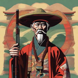 A digital art image showcasing a Shinto priest, donned in traditional attire including a hat, holding a double-barrel shotgun