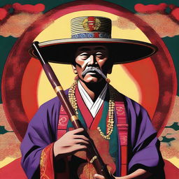 A digital art image showcasing a Shinto priest, donned in traditional attire including a hat, holding a double-barrel shotgun
