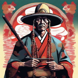 A digital art image showcasing a Shinto priest, donned in traditional attire including a hat, holding a double-barrel shotgun