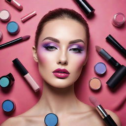 Artistic and vibrant makeup advertisement showcasing an array of high-end cosmetics in an aesthetically pleasing manner