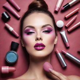 Artistic and vibrant makeup advertisement showcasing an array of high-end cosmetics in an aesthetically pleasing manner