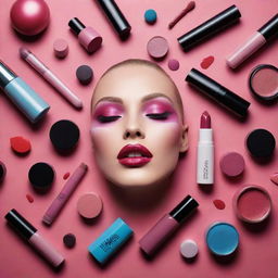 Artistic and vibrant makeup advertisement showcasing an array of high-end cosmetics in an aesthetically pleasing manner