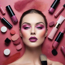 Artistic and vibrant makeup advertisement showcasing an array of high-end cosmetics in an aesthetically pleasing manner