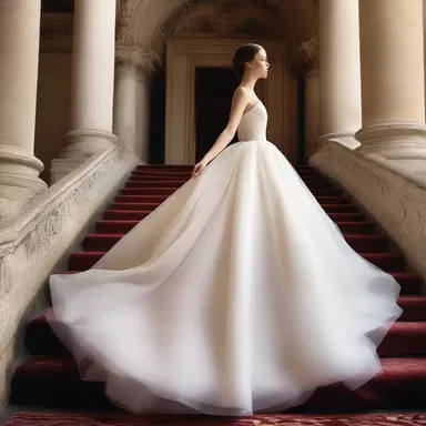 The elegant protagonist of the novel floated down the grand staircase in a voluminous gown made of delicate tulle.