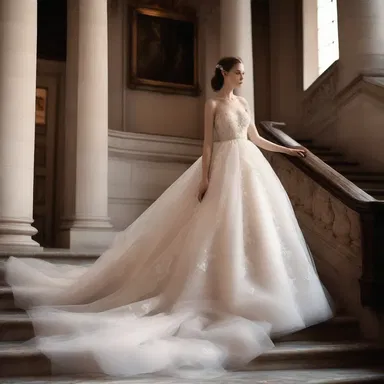 The elegant protagonist of the novel floated down the grand staircase in a voluminous gown made of delicate tulle.