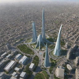 The city of Faisalabad, Pakistan, as it might be in the year 2080, with futuristic architecture and advanced technology.