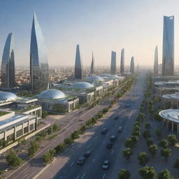 The city of Faisalabad, Pakistan, as it might be in the year 2080, with futuristic architecture and advanced technology.