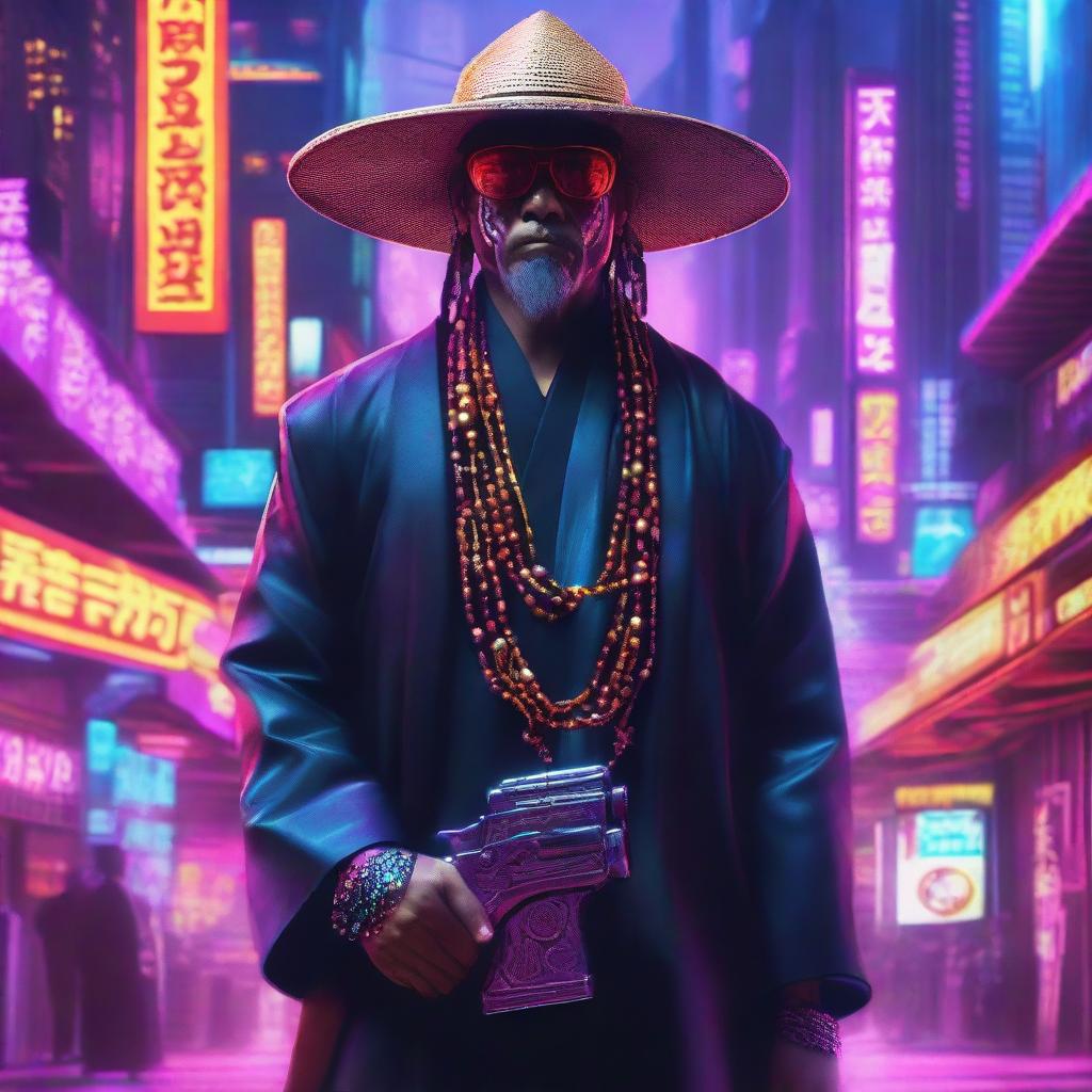 This is a 4K digital art image presenting a Shinto priest in a cyberpunk setting