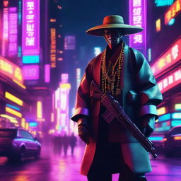 This is a 4K digital art image presenting a Shinto priest in a cyberpunk setting