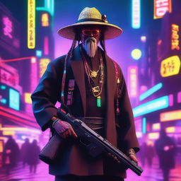 This is a 4K digital art image presenting a Shinto priest in a cyberpunk setting