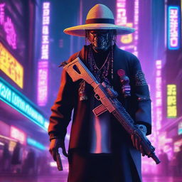 This is a 4K digital art image presenting a Shinto priest in a cyberpunk setting