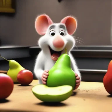 In the movie 'Ratatouille', there is a scene where the main character enjoys a fresh bartlett pear.