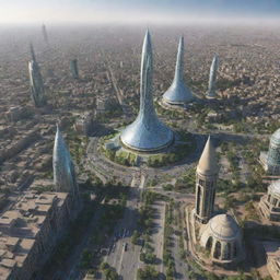 The city of Faisalabad, Pakistan, as it might be in the year 2080, with futuristic architecture and advanced technology.