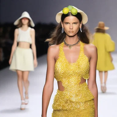 The model on the runway flaunted a trendy ensemble, complete with a bartlett pear accessory.
