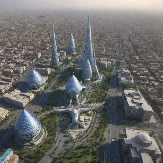 The city of Faisalabad, Pakistan, as it might be in the year 2080, with futuristic architecture and advanced technology.